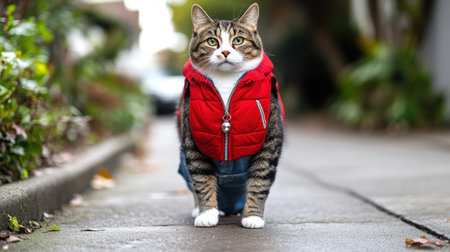 A stylish tabby cat walks confidently along a serene pathway, showcasing a trendy red vest and denim overalls, embodying charm and personality in a vibrant outdoor setting.の素材