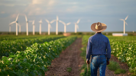 A farmer walks through vibrant green fields, symbolizing the harmony between agriculture and renewable energy, showcasing sustainable farming practices under a clear blue sky.の素材