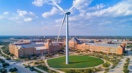 An impressive aerial view showcasing a modern educational campus highlighted by a large wind turbine, lush green landscaping, and a stunning sky filled with clouds.の素材