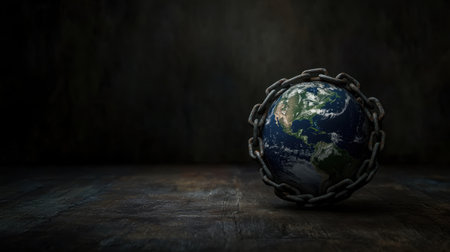 This striking image features a globe encircled by a heavy chain, symbolizing environmental challenges and global issues we face in maintaining sustainability and protecting our planet.の素材