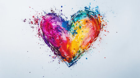 A vibrant abstract heart shape created with colorful paint splashes on a white background, representing love, passion, and artistic creativity in a refreshing visual style.の素材