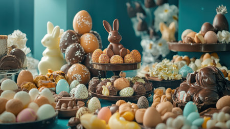 This vibrant composition features an assortment of delectable Easter chocolates, bunnies, and eggs, perfect for celebrating the joyous season with flavor and fun.の素材