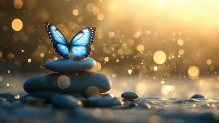 A vibrant blue butterfly gracefully perches on smooth stones, surrounded by shimmering bokeh lights and soft sparkles, capturing a serene moment in nature's beauty.の素材