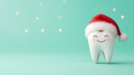 A cheerful cartoon tooth wearing a Santa hat brings festive charm against a mint background, perfect for holiday-themed dental health promotions or cheerful decorations.の素材