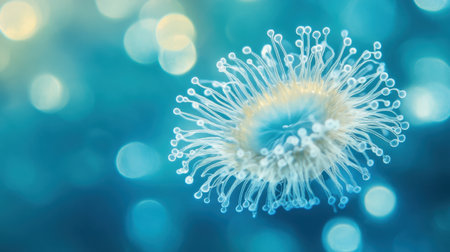 Beautiful close-up of a jellyfish suspended in a serene turquoise setting, enhanced by soft bokeh lights, creating a dreamy underwater experience.の素材