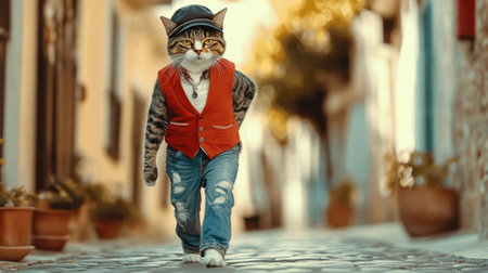 A dapper cat showcases its unique style wearing a vest and hat, confidently walking through a picturesque street adorned with vibrant plants and charming architecture.の素材