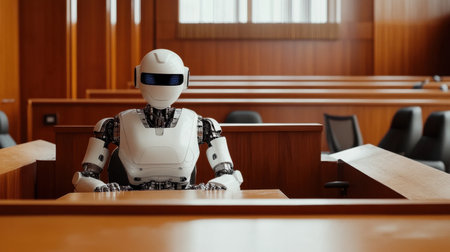 A humanoid robot sits in a modern courtroom, representing the intersection of technology and law. This image highlights future possibilities in legal systems influenced by artificial intelligence.の素材