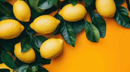 Explore vibrant yellow lemons adorned with lush green leaves on a cheerful background, ideal for promoting freshness, health, and culinary delights in various creative projects.の素材