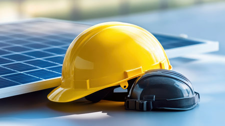 Close-up view of a yellow and black helmet resting beside a solar panel, symbolizing safety and innovation in the renewable energy sector and modern construction work.の素材