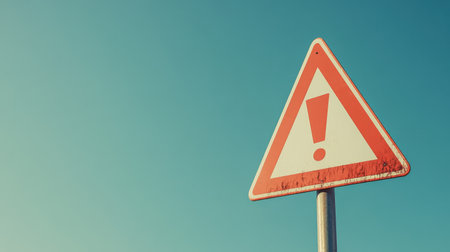 A striking caution sign featuring a prominent exclamation mark set against a clear blue sky, serving as a vital indicator for alertness and safety in various environments.の素材