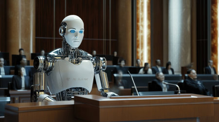 A captivating scene of a humanoid robot serving as a judge in a modern courtroom, surrounded by an attentive audience, highlighting the intersection of technology and justice.の素材