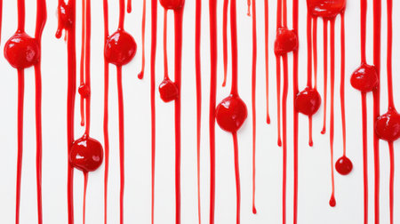 Vivid bright red liquid drips create a stunning visual effect on a clean white background, perfect for abstract designs or creative projects showcasing color and texture.の素材