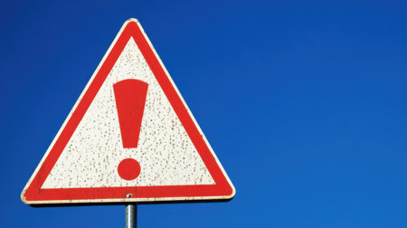 A vibrant warning sign featuring a bold exclamation mark against a bright blue sky, emphasizing attention and caution for safety in various environments.の素材