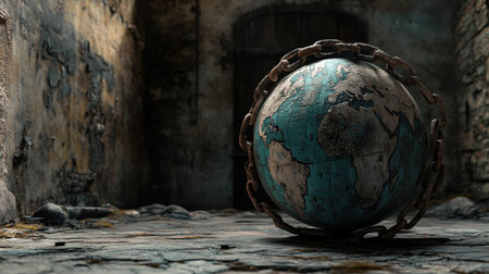 A striking visual of a globe ensnared by chains in a dilapidated setting, representing themes of restriction and decay, evoking deep reflections on the state of the world.の素材