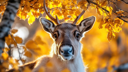 A stunning image of a reindeer surrounded by brilliant autumn foliage, showcasing the beauty of wildlife in nature's seasonal splendor, perfect for nature enthusiasts.の素材