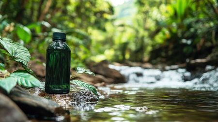 A serene green water bottle rests on a smooth rock by a clear stream, surrounded by vibrant greenery. This image embodies a peaceful connection to nature and sustainability.の素材
