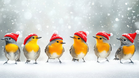 Six adorable birds in Santa hats are joyfully sitting on a snowy surface, creating a delightful Christmas scene filled with cheer and winter magic.の素材