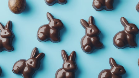 A charming arrangement of chocolate bunny treats perfect for celebrating Easter. These cute confections sit on a vibrant blue background, ideal for festive desserts.の素材