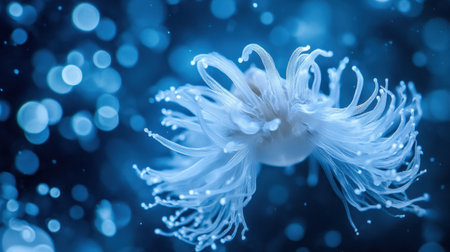 A captivating jellyfish gracefully floats in a serene underwater scene, surrounded by shimmering bubbles and a soft blue backdrop, showcasing the beauty of ocean life.の素材
