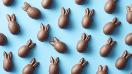 An enticing display of chocolate bunnies on a soothing blue background, ideal for highlighting festive treats and Easter celebrations in various creative projects.の素材