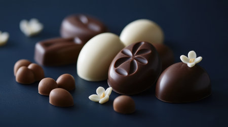 A stunning display of assorted chocolate confections featuring rich textures and delicate floral accents set against a dark background, perfect for food lovers.の素材