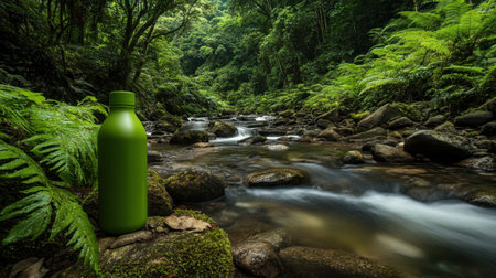 A striking green water bottle rests at the edge of a tranquil river, surrounded by lush vegetation, showcasing the beauty of nature and the importance of sustainability in our daily lives.の素材