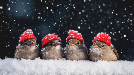 Four small birds wearing bright red hats huddle together in a snowy scene, with snowflakes gently falling around them, creating a whimsical and cheerful winter atmosphere.の素材