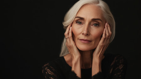 A stunning portrait capturing a mature woman with silver hair, displaying elegance and poise against a dark backdrop, radiating natural beauty and serene emotions.の素材