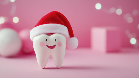 A playful cartoon tooth wearing a cheerful Santa hat adds a fun touch to holiday themes, perfect for promoting dental health during the festive season.の素材
