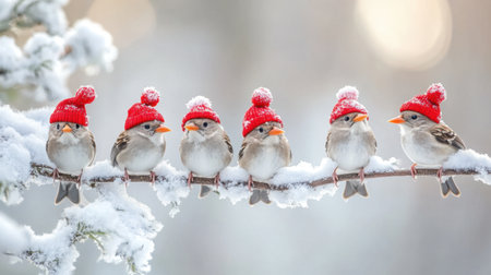 This charming image captures a delightful scene of six small birds in red hats sitting on a snowy branch, bringing joy and warmth to a serene winter setting.の素材