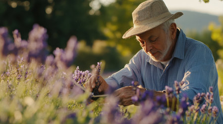 A serene scene of an elderly man nurturing lavender plants in a beautiful garden, highlighting the joy of gardening and connection to nature at sunset.の素材