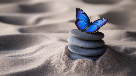 A vibrant blue butterfly rests gracefully on a stack of smooth stones, set against a soft sandy backdrop, evoking a sense of peace, balance, and natural beauty.の素材