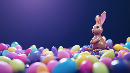 A charming bunny figurine sits among a plethora of vibrant Easter eggs, creating a cheerful scene ideal for spring celebrations and holiday decorations.の素材