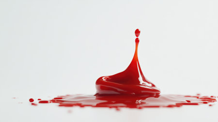 A captivating image of a red liquid droplet splashing on a white surface, showcasing dynamic movement and artistic beauty in a minimalist style. Ideal for creative projects.の素材