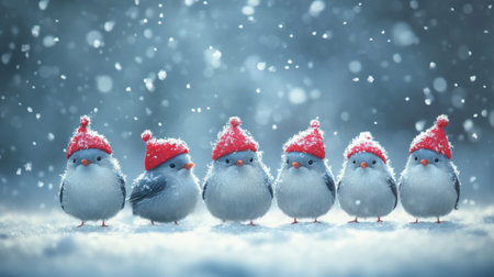 This delightful image features a group of fluffy birds wearing bright red hats, standing together in a snow-covered landscape, surrounded by gently falling snowflakes, creating a charming winter scene.の素材