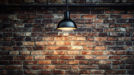 A striking black pendant light illuminates a rustic exposed brick wall, creating a perfect blend of modern style and warm ambiance in a cozy interior space.の素材