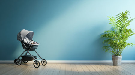 A sleek baby stroller positioned against a serene blue wall, complemented by a vibrant potted plant, creating a tranquil and inviting atmosphere for parenting.の素材