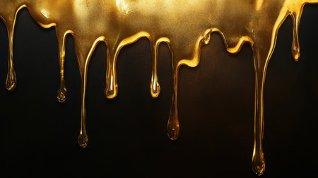 Close-up of liquid gold flowing down a dark surface. The image conveys richness and sweetness, perfect for culinary and artistic themes. Ideal for food-related projects.の素材