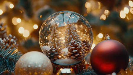 A stunning close-up of a snow globe featuring beautiful pine trees and delicate snowflakes, surrounded by festive ornaments and glimmering lights for a magical holiday atmosphere.の素材