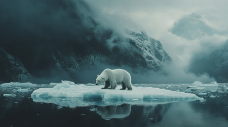 A striking scene of a polar bear standing on an iceberg with misty mountains and calm waters in the background, depicting the serene beauty of the Arctic wilderness.の素材