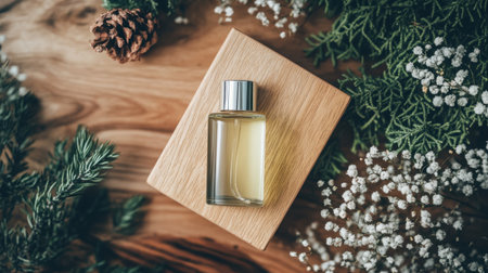 A stylish glass bottle of fragrance rests on a wooden stand, surrounded by lush greenery and pine cones, creating an inviting atmosphere of calm and natural beauty.の素材