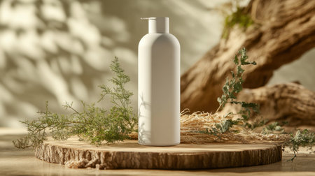 A minimalistic white lotion bottle sits on a rustic wooden surface surrounded by greenery, ideal for showcasing natural skincare products or eco-friendly brands.の素材