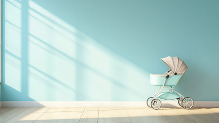 Modern baby stroller in a serene nursery setting with a soft blue wall. Sunlight creates a warm atmosphere, enhancing the calm and stylish design for early childhood.の素材