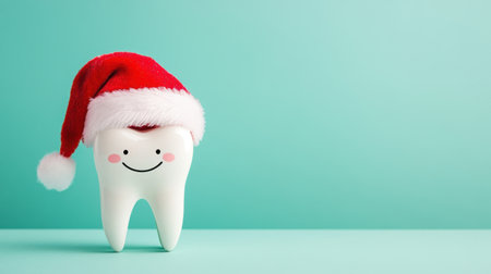 A charming cartoon tooth with a Santa hat smiles on a serene light blue background, ideal for promoting dental health during the festive season and creating engaging holiday content.の素材