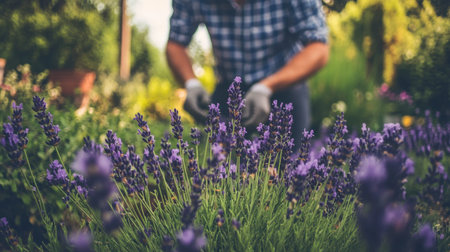 A joyful gardener carefully tends to vibrant lavender flowers in a picturesque garden, surrounded by lush greenery under the warm sunlight, showcasing a serene outdoor hobby.の素材