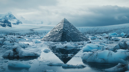 A captivating ice pyramid emerges from a serene frozen lake, surrounded by floating icebergs, reflecting the unique beauty of nature in a breathtaking landscape.の素材