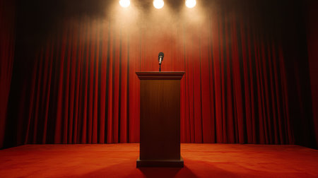 Captivating scene featuring a wooden podium with a microphone under spotlight, framed by rich red curtains, ideal for speeches and public presentations in an inspiring venue.の素材