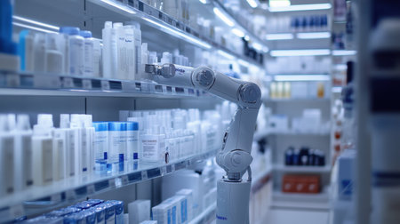 A robotic arm efficiently organizes skincare products on a pharmacy shelf, showcasing modern technology in retail environments. Perfect for illustrating automation in healthcare.の素材