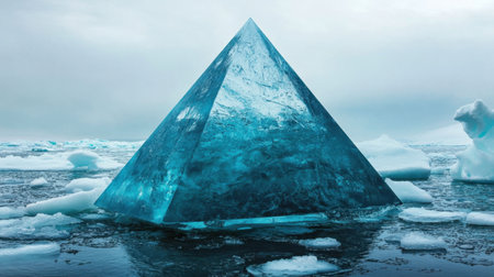 A breathtaking image of a crystal-clear ice pyramid emerging from a tranquil Arctic ocean, surrounded by melting ice and under a serene overcast sky, perfect for nature lovers.の素材