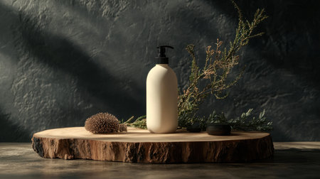 A serene composition featuring a white lotion bottle on a rustic wooden surface, accented by herbs and soft lighting, ideal for promoting skincare and wellness themes.の素材